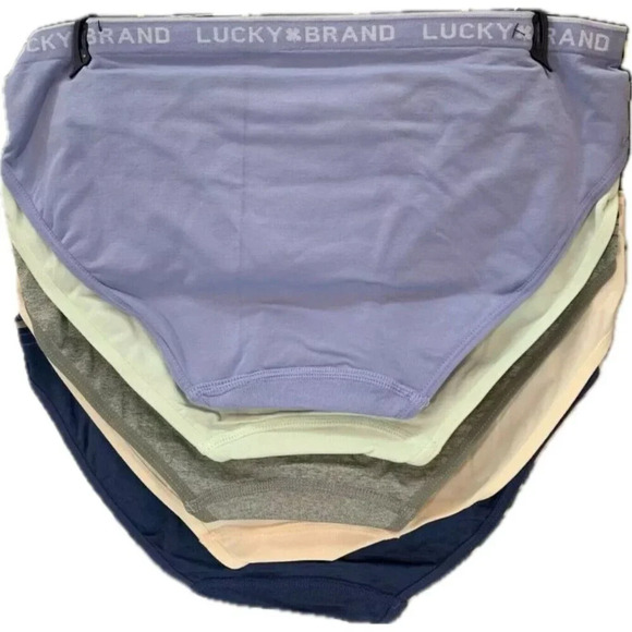 Lucky Brand XL Blue-Cream-Gray Array Logo Waistband Seamless Bikini Panties-5 Pk - Picture 3 of 4